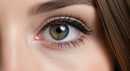 Obraz premium Close up of a beautiful green eye with long lashes and perfect eyebrows.