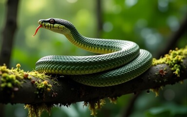 Fototapeta premium Coiled Snake with Tongue Out on Mossy Branch in Jungle Setting. High quality