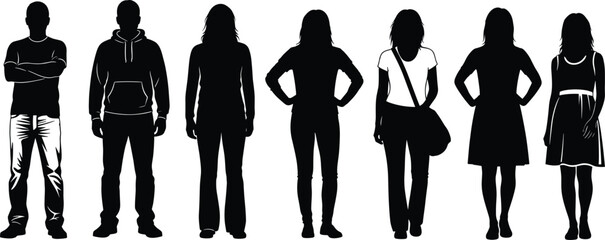 Silhouettes of Casual Men and Women in Standing Poses, Representing Everyday Urban Style, Fashion Diversity, and Modern Youth Culture