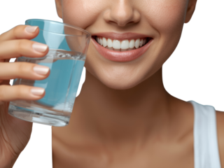 Radiant smile of a woman, holding a glass of pristine clear water, emphasizing hydration and