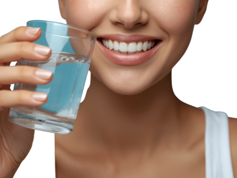 Radiant smile of a woman, holding a glass of pristine clear water, emphasizing hydration and