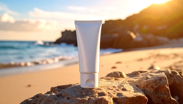 White tube sunscreen on beach rock at sunset