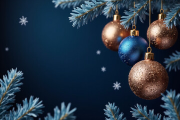 Merry Christmas and Happy New Year vector banner. Realistic rose gold and blue baubles, snowflakes hanging on dark blue background. Christmas balls motion blur effect. Luxury background