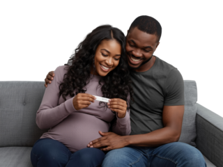 Joyful African American Couple Embracing Good News of Positive Pregnancy Test on Sofa