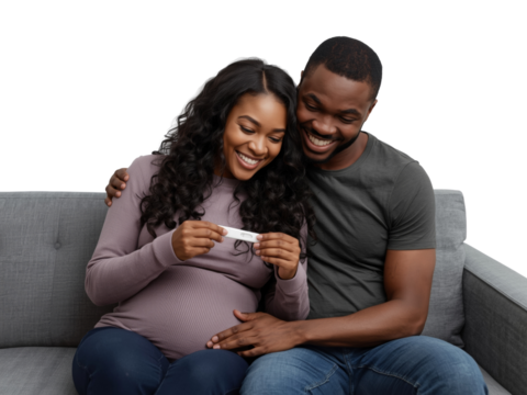 Joyful African American Couple Embracing Good News of Positive Pregnancy Test on Sofa