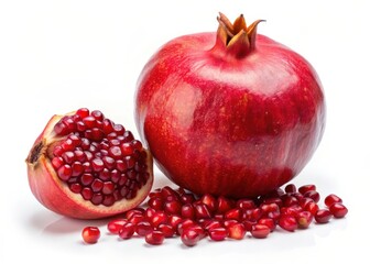 Pomegranate fruit on a white background with vibrant red seeds