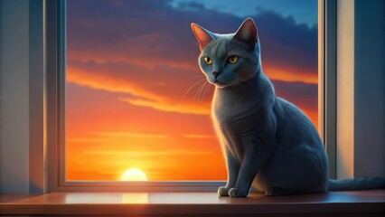 Obraz premium Grey Russian Blue Cat sitting on a windowsill with bright orange eyes staring out at the sunrise