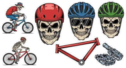 Collection of illustrations featuring skeletons riding bicycles and skull wearing helmets, bike frame and pedals.