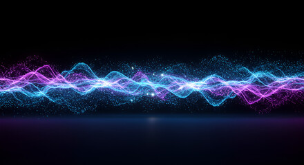 Abstract wave of glowing particles with blue and purple light on dark background