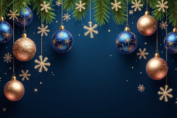 Merry Christmas and Happy New Year vector banner. Realistic rose gold and blue baubles, snowflakes hanging on dark blue background. Christmas balls motion blur effect. Luxury background