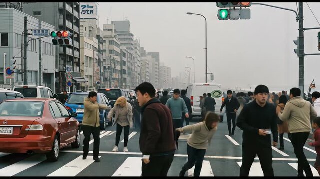 大地震発生直後、街中を混乱しながら避難する大勢の群衆