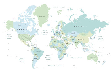 world map - Colourful Illustration in pastel blues and greens, showing country names, State names (USA & Australia), capital cities, major lakes and oceans. Print at no less than 36". Jpeg image