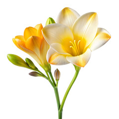 Fototapeta premium Two Yellow and transparent background . White Freesia Flowers With Buds and Green Stems bloom blossom