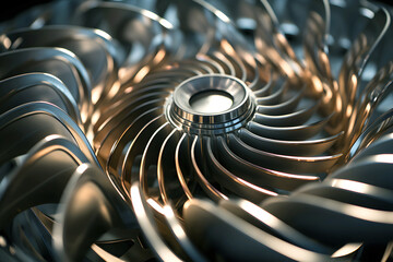 Intricate metallic turbine design showcasing detailed blades and central hub with lighting effects creating a dramatic appearance