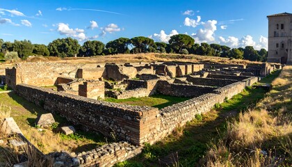 Extensive ruins of ancient structures, showcasing well-preserved stone walls and remnants of buildings, under a vibrant, clear sky.