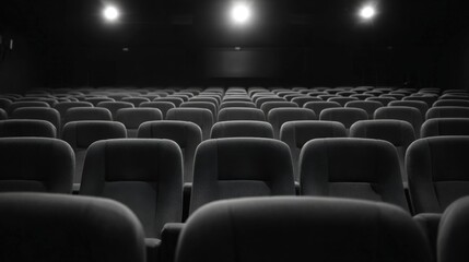 Obraz premium Empty Movie Theater Seating Rows, Awaiting the Show, Dark Cinematic Atmosphere with Dramatic Lighting
