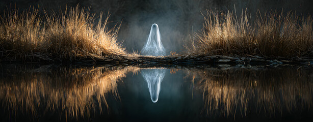 Wispy ghost floating above a pond, rim lighting with selective focus, symmetry reflection effect, analogous icy palette, smooth transparent textures