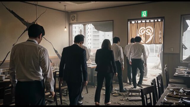 地震で破壊されたレストランから集団で脱出するサラリーマンたち