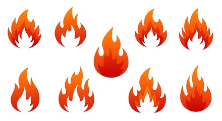 Set of stylized fire flames icons on white background.