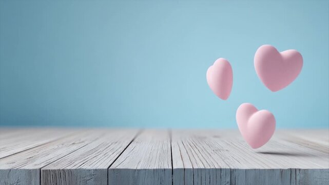 Three delicate pink hearts appear to float above a light gray wooden surface against a pale blue backdrop.