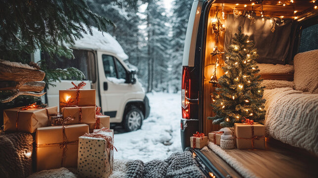 Christmas camping setup with van, fairy lights, gifts and small Christmas tree, cozy winter mood