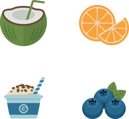 Tropical coconut drink orange slice blueberry dessert icon set summer refreshment vector graphics vector