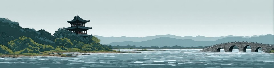 Creative minimalist Chinese pavilion illustration by riverside with mountains and green meadows, featuring stone arch bridge and blue water ripples on white background for peaceful design concepts.