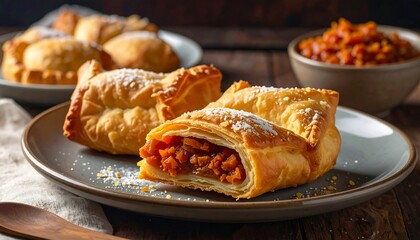 Delicious apple turnovers dusted with powdered sugar on a rustic table