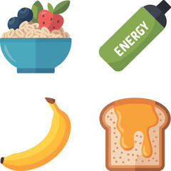 Healthy breakfast food choices for energy and nutrition oatmeal banana toast drink vector