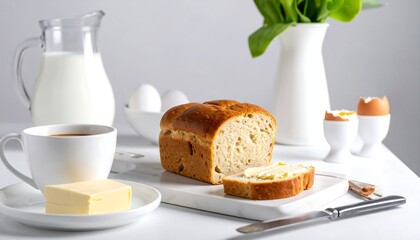 A still life composition showcasing a wholesome breakfast of sliced bread, butter, coffee, milk, and boiled eggs.