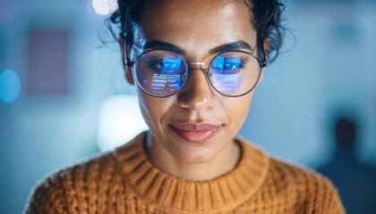 Focused Woman with Glasses Reflecting Screen Light in a Modern Office.