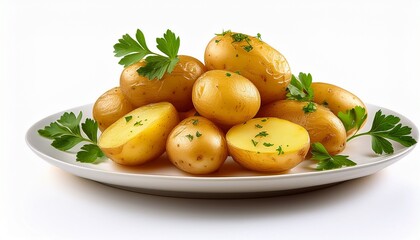 freshly cooked delicious yellow potatoes garnished with parsley white background