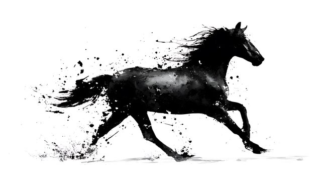 Black horse running isolated on white background in ink splatter art