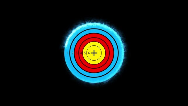 Colorful glowing archery target board animation with concentric circles on a dark background. Perfect for goal concepts, focus themes, achievement visuals, aim icons, business presentations and motion