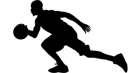 Silhouette of basketball player dribbling, isolated on white background