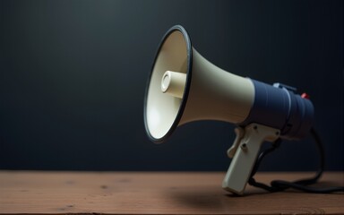 Megaphone on wooden surface symbolizing communication in a dark setting. High quality