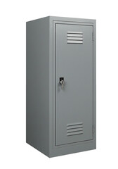 Grey metal locker with keyhole and ventilation slits storage unit isolated on transparent background