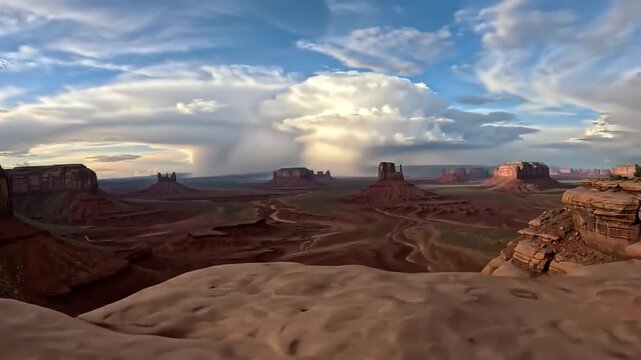 Epic Timelapse of a Dramatic Rainstorm and Moving Clouds Sweeping Across Iconic Monument Valley at Sunset.
