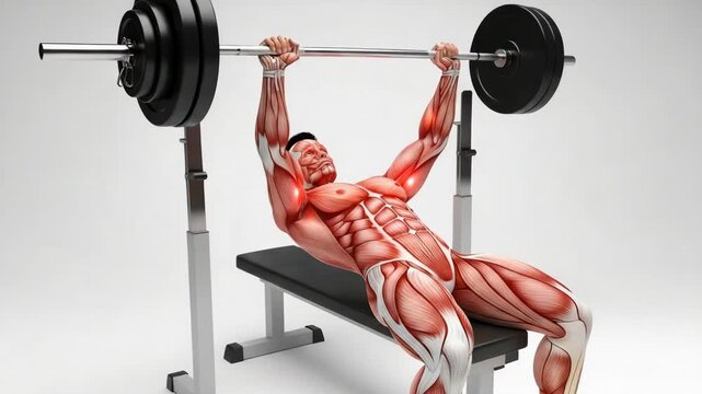 Muscular man bench pressing with detailed muscle structure showcasing strength and exercise motion on a weight bench against a plain background