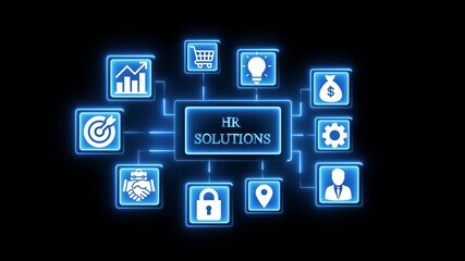 H R Solutions Network Diagram Business Icons Glowing Neon Blue Technology Concept - Powered by Adobe