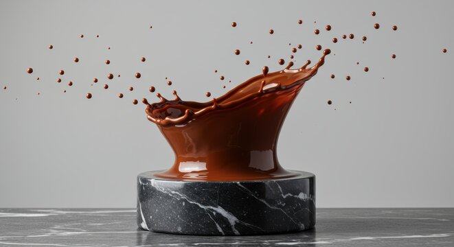 Decadent chocolate splash on marble pedestal creates a luxurious dessert moment for gourmet indulgence and culinary artistry