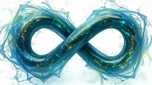 A swirling, iridescent interlocked molecule shaped like rotating ouroboros undulates gracefully in a spectrum of blues and greens, with intricate patterns glowing softly against a pristine