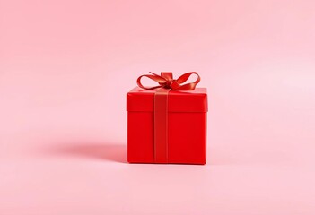 Fototapeta premium A vibrant red gift box sits center against a soft pink backdrop, item, luxury