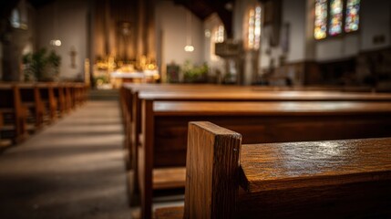 Church Interior with Wooden Pews and Stained Glass, Providing a Serene and Spiritual Atmosphere for Worship