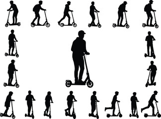 Silhouettes of people riding electric scooters in various poses, modern urban transportation concept, vector illustration for mobility and lifestyle.