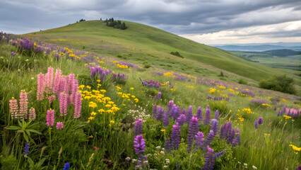 Obraz premium Pink purple yellow wildflowers blooming on grassy hill under cloudy sky image