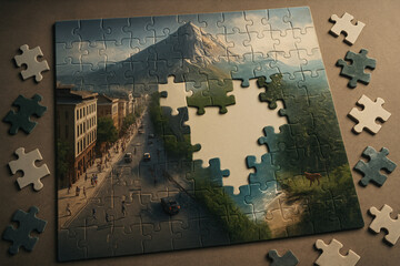 Obraz premium A partially completed jigsaw puzzle depicting a mountain, city street, and forest landscape.