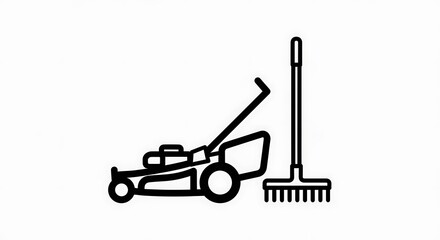 Black and white line drawing features lawnmower and broom, representing yard work