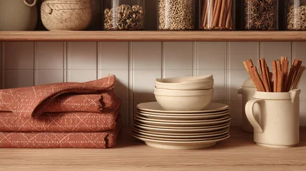 Built-in cabinet scene with beige crockery, cinnamon sticks, and cloth napkins in terracotta © Marry93
