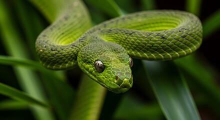 Obraz premium Emerald Assassin: Green Viper in the Grass
